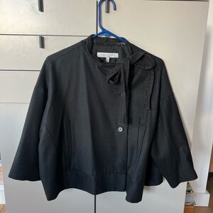 Morgane Le Fay Wool Cashmere Button Cape Black Jacket Lace Ribbon Tie Chic Large